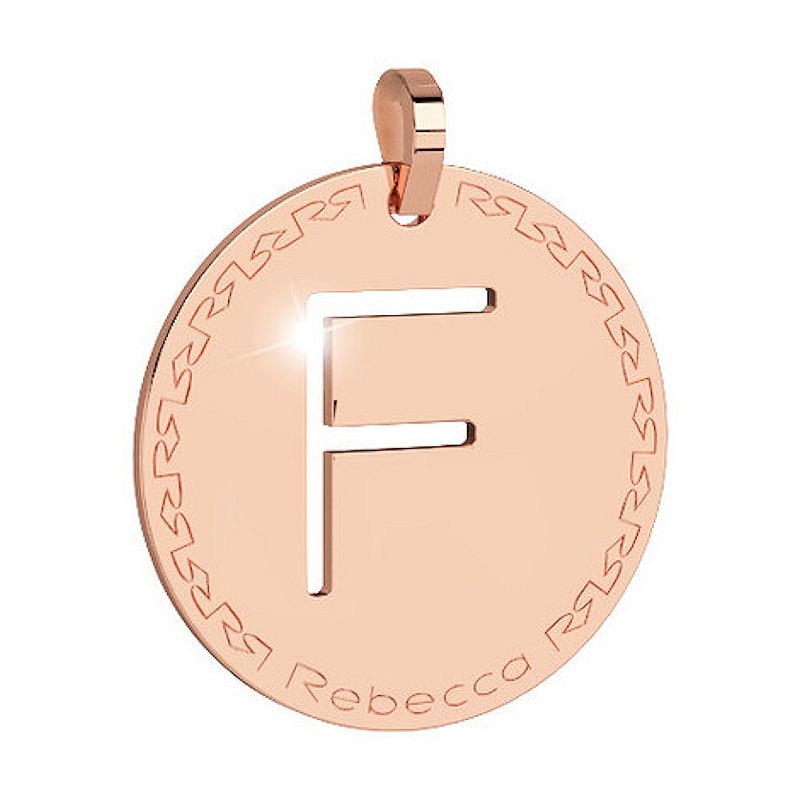 REBECCA - LETTERA F ROSA IN BRONZO CON COLLANA IN ACCIAIO