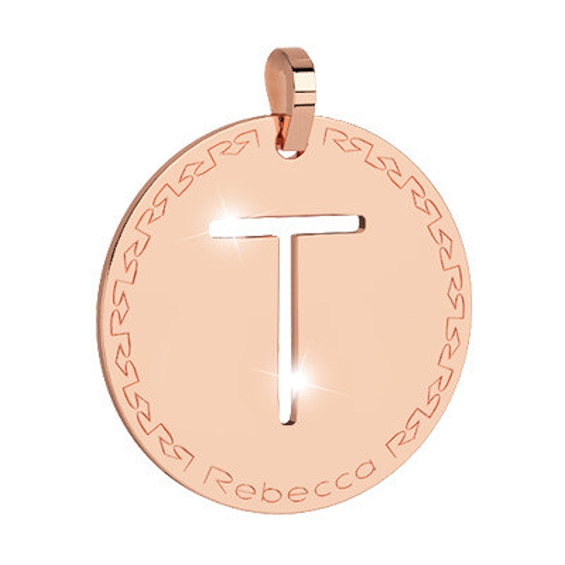 REBECCA - LETTERA T ROSA IN BRONZO CON COLLANA IN ACCIAIO