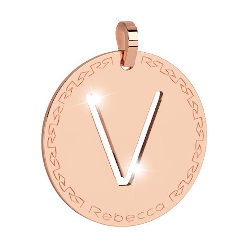 REBECCA - LETTERA V ROSA IN BRONZO CON COLLANA IN ACCIAIO