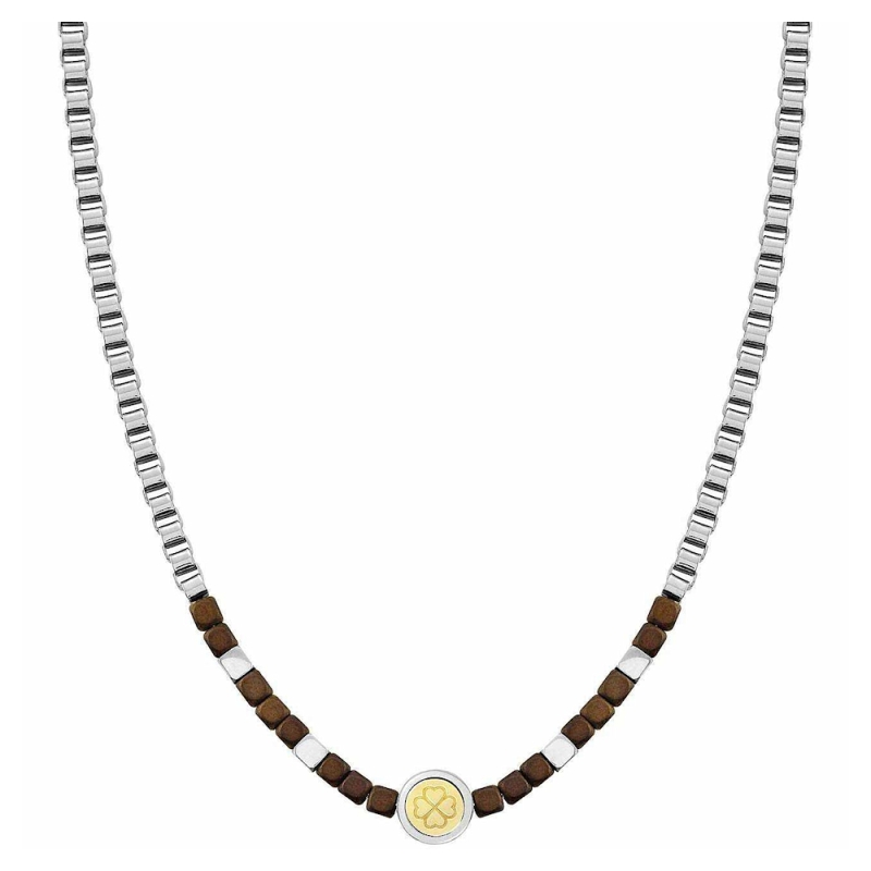 NOMINATION - Collana VOYAGE in acciaio, ematite e oro 750 mill "Quadrifoglio"