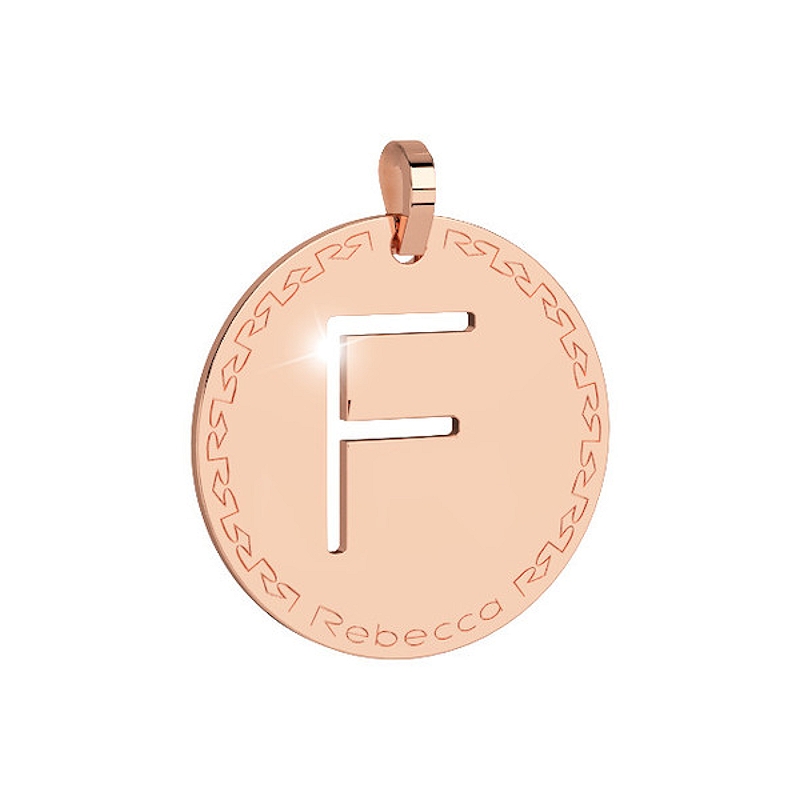 REBECCA - LETTERA F ROSA IN BRONZO CON COLLANA IN ACCIAIO