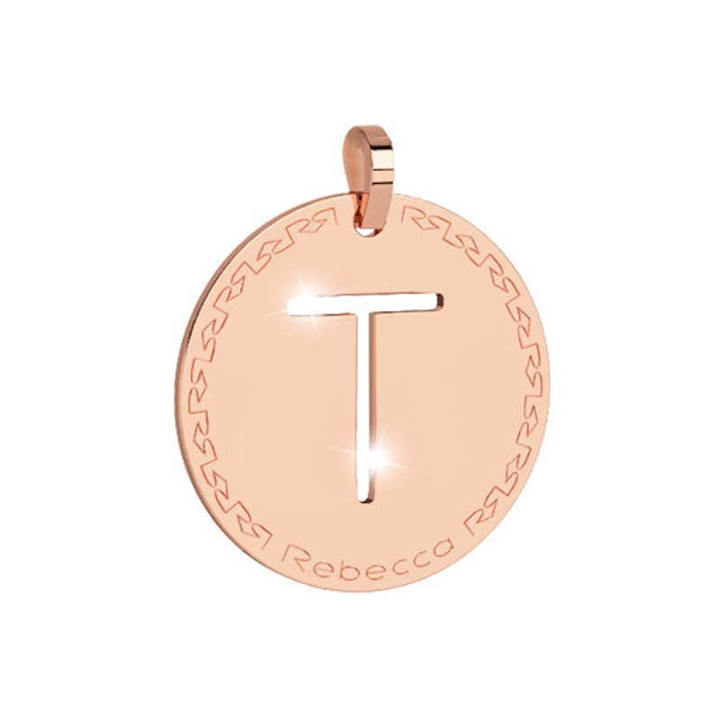 REBECCA - LETTERA T ROSA IN BRONZO CON COLLANA IN ACCIAIO