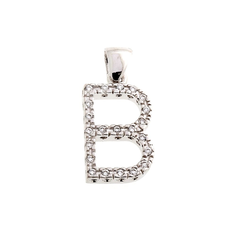 18 Kt White Gold Pendant B Letter with Cubic Zirconia (1,5 Cm)