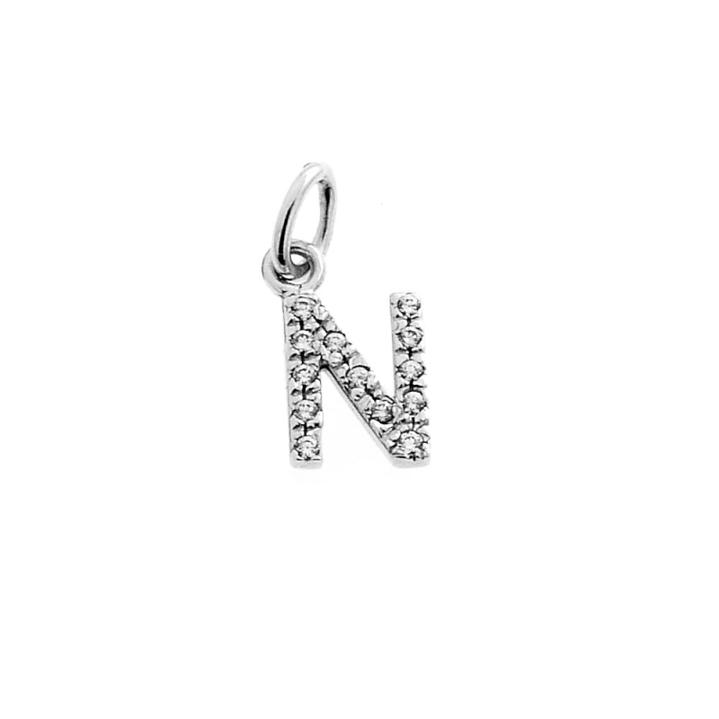 18 Kt White Gold Pendant N Letter with Cubic Zirconi (0,8 Cm)