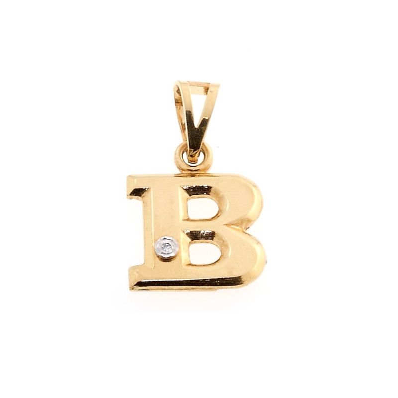18 Kt Yellow Gold Pendant B Letter with Cubic Zirconia (1,5 Cm)