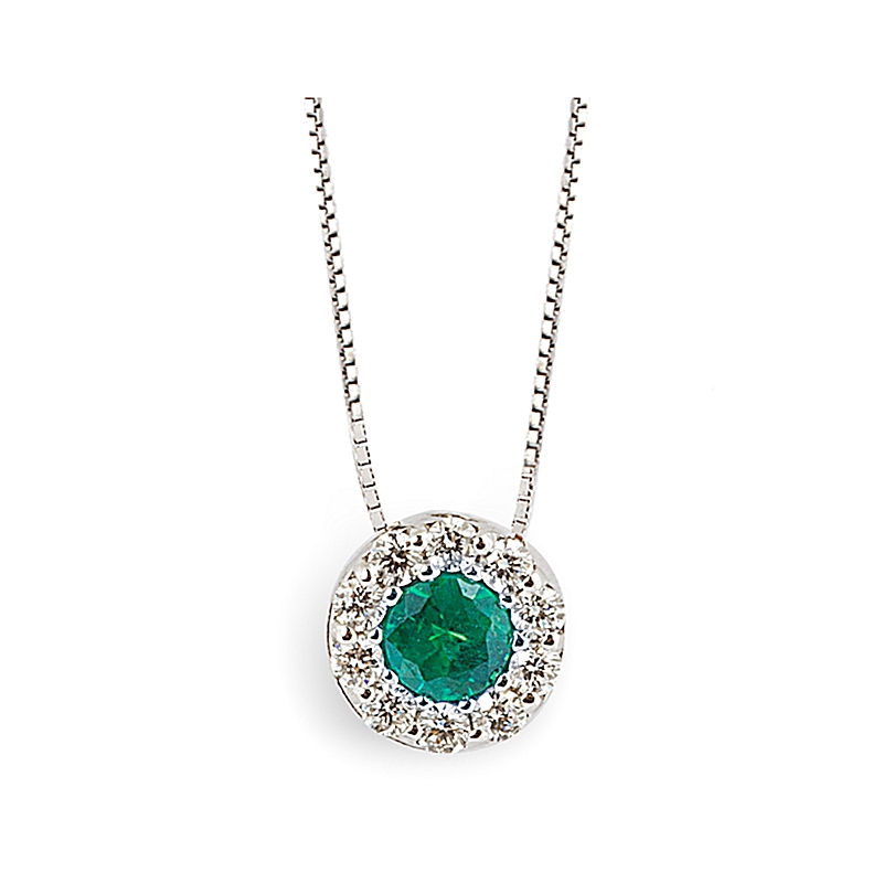 18 kt White Gold Necklace with Kt. 0,17 Emerald and Kt. 0,12 Natural Diamonds