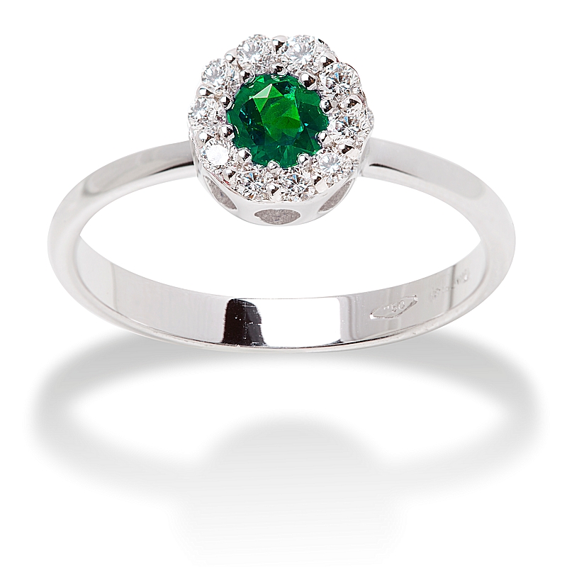 18 kt White Gold Ring with Kt. 0,28 Emerald and Kt. 0,13 Natural Diamonds