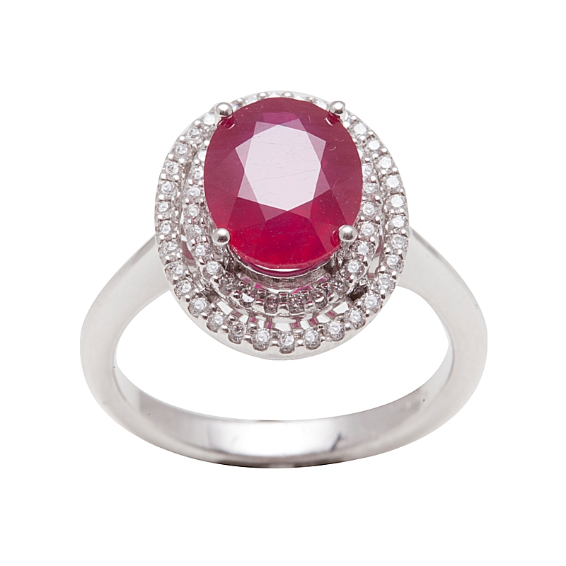 18 Kt White Gold Ring with Ruby Kt. 3,55 and Natural Diamonds Kt. 0,35 F-VVS