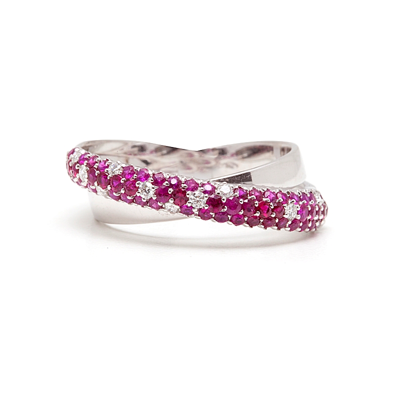 18 Kt White Gold Ring with Rubies Kt. 0,85 and Natural Diamonds Kt. 0,14 F-VVS