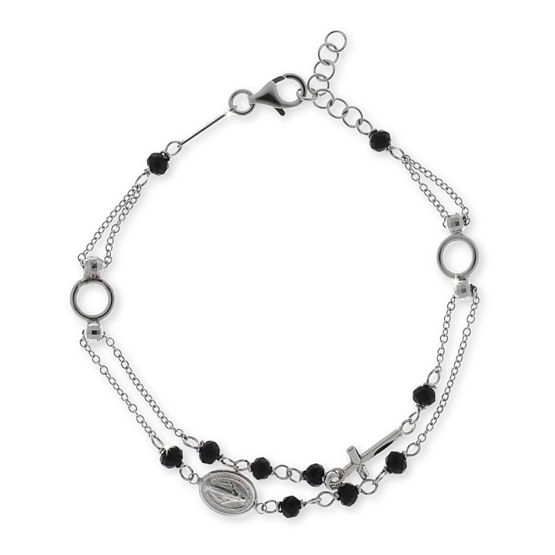 UNOAERRE - Bracciale rosario catena doppia con anellini e grani in cristallo nero