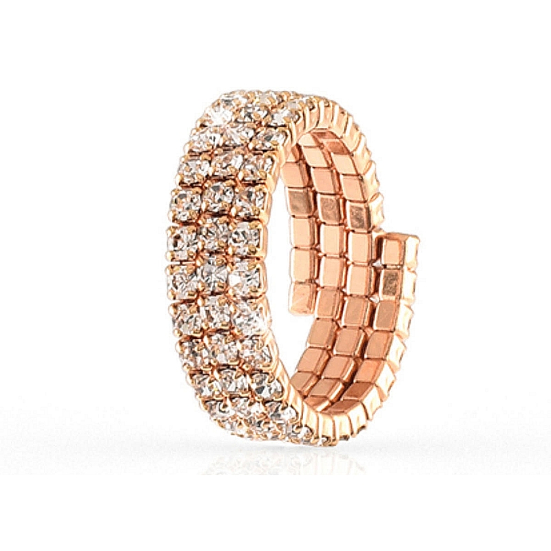 UNOAERRE - Anello aperto in bronzo rosa tre file cristalli bianchi