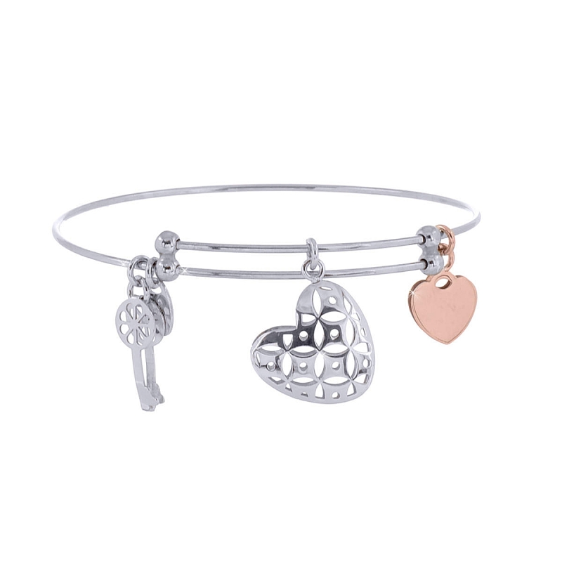 UNOAERRE - Bracciale in argento 925 mill. rigido con tre pendenti tema "amore"