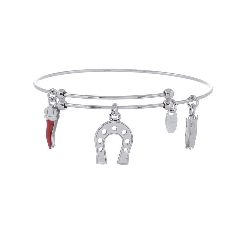 UNOAERRE - Bracciale in argento 925 mill. rigido con tre pendenti tema "portafortuna" ferro di cavallo gufo e cornetto s
