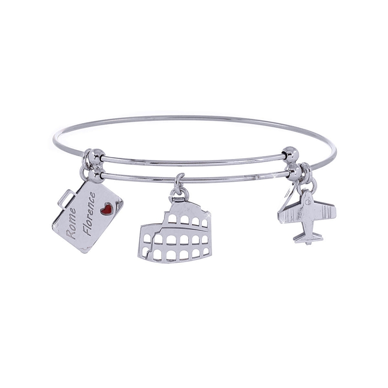 UNOAERRE - Bracciale in argento 925 mill. rigido con tre pendenti tema "in viaggio" colosseo aereo e valigia con smalto