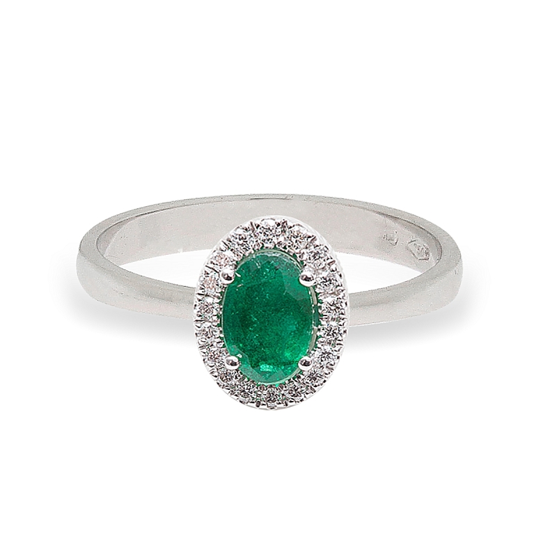18 Kt. White Gold Ring with 0,45 Ct. Emerald and 0,07 Ct. Natural Diamonds
