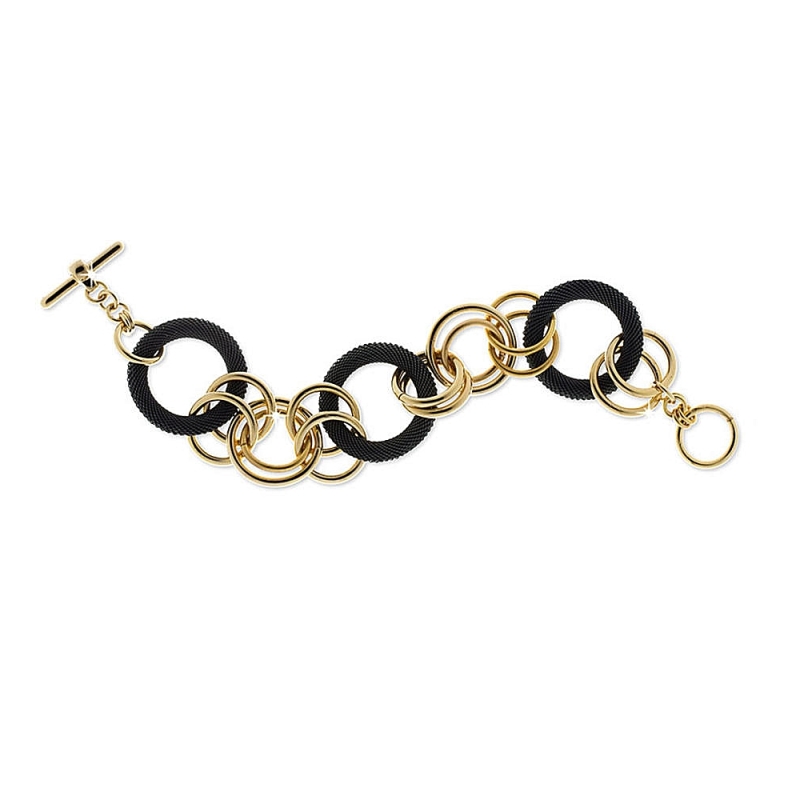 UNOAERRE - Bracciale donna con cerchi in bronzo rosa alternati a cerchidi tessuto ruteniato nero.