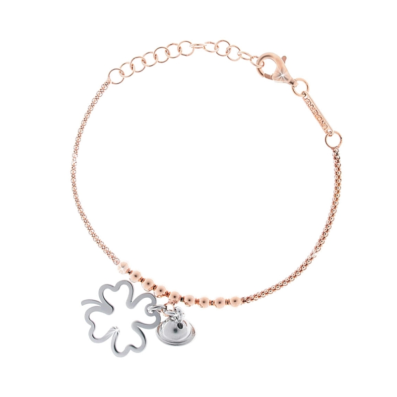 UNOAERRE - Bracciale catena fantasia con pendente quadrifoglio traforato e campanellino chiama angeli