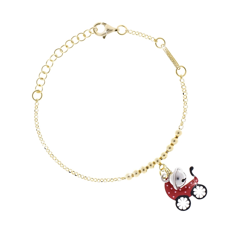 UNOAERRE - Bracciale catena fantasia con pendente carrozzina smaltata e campanellino chiama angeli
