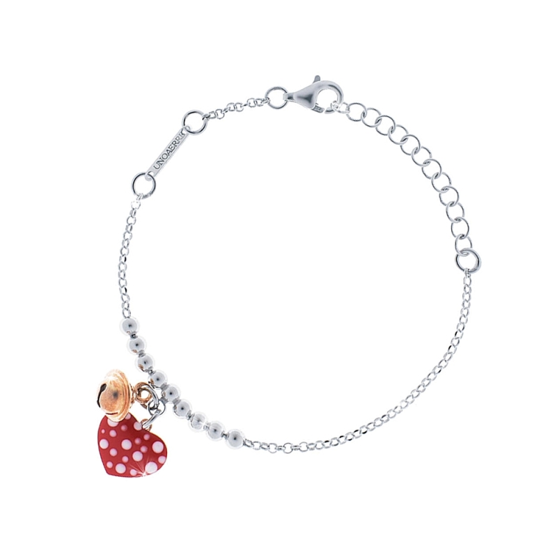 UNOAERRE - Bracciale catena fantasia con pendente cuore smalto rosso e bianco e campanellino chiama angeli