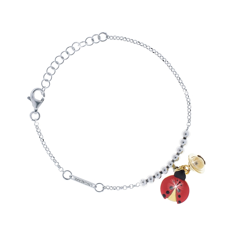 UNOAERRE - Bracciale catena fantasia con pendente coccinella smaltata e campanellino chiama angeli