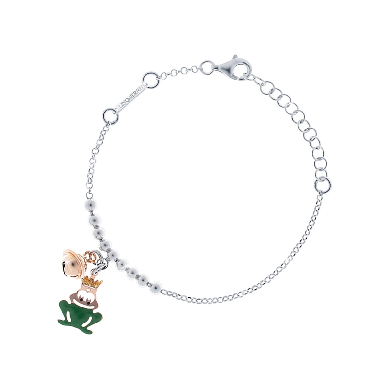 UNOAERRE - Bracciale catena fantasia con pendente rana smaltata e campanellino chiama angeli