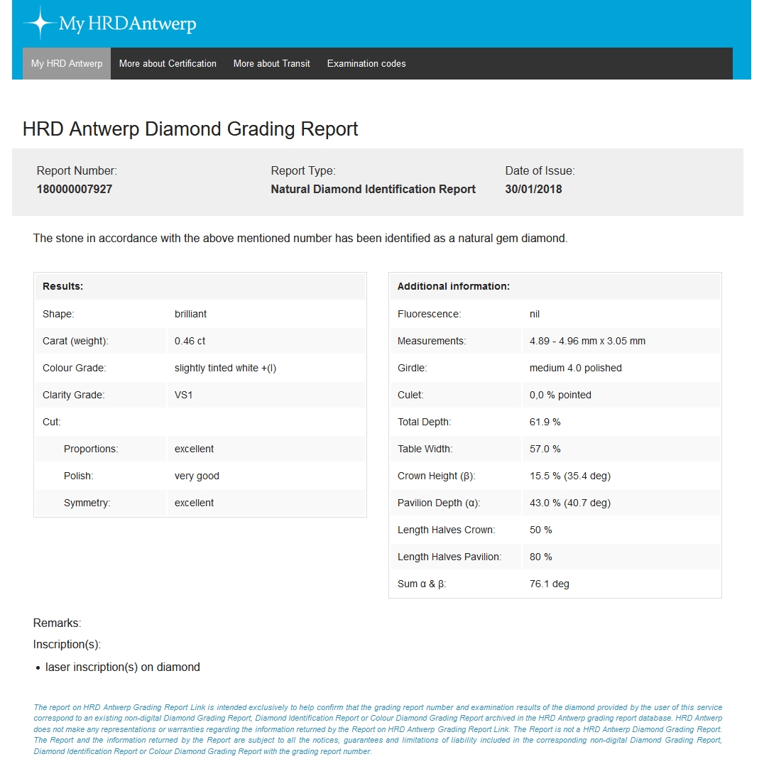 HRD Certified Natural Diamond Kt. 0,46 Color I Clarity VS1