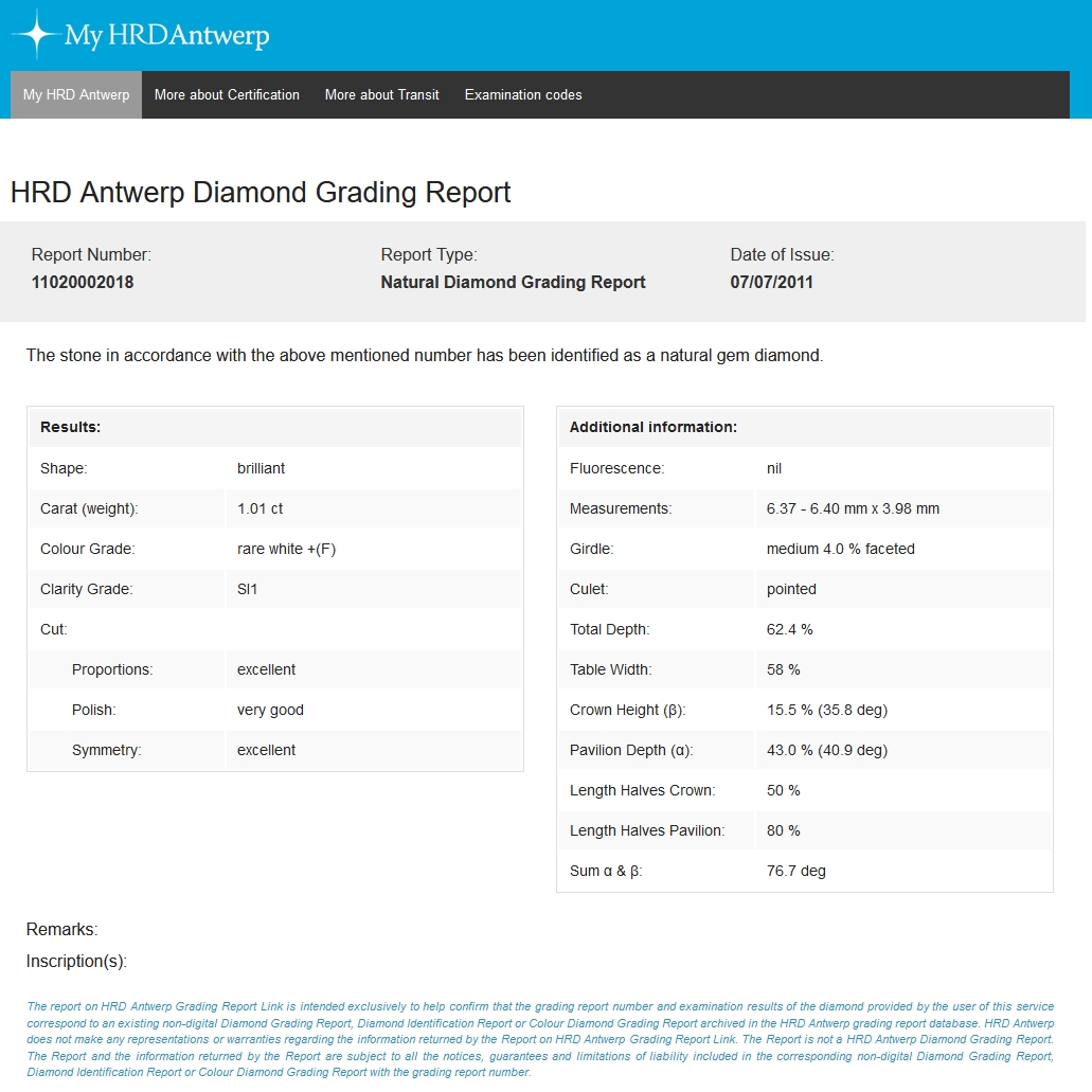 Diamante Naturale Certificato HRD Kt. 1,01 Colore F Purezza SI1