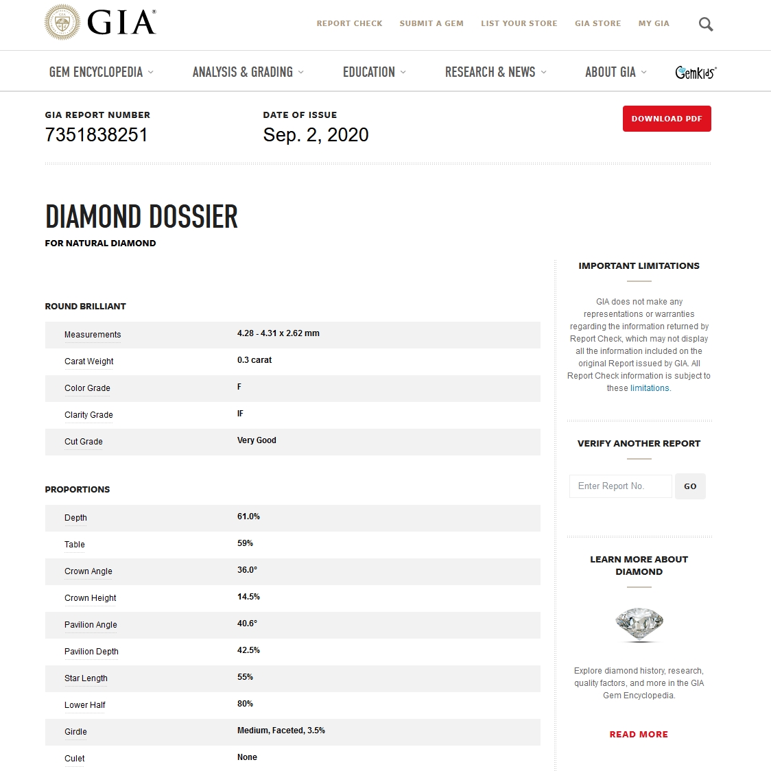 Diamante Naturale Certificato GIA Kt. 0,30 Colore F Purezza IF