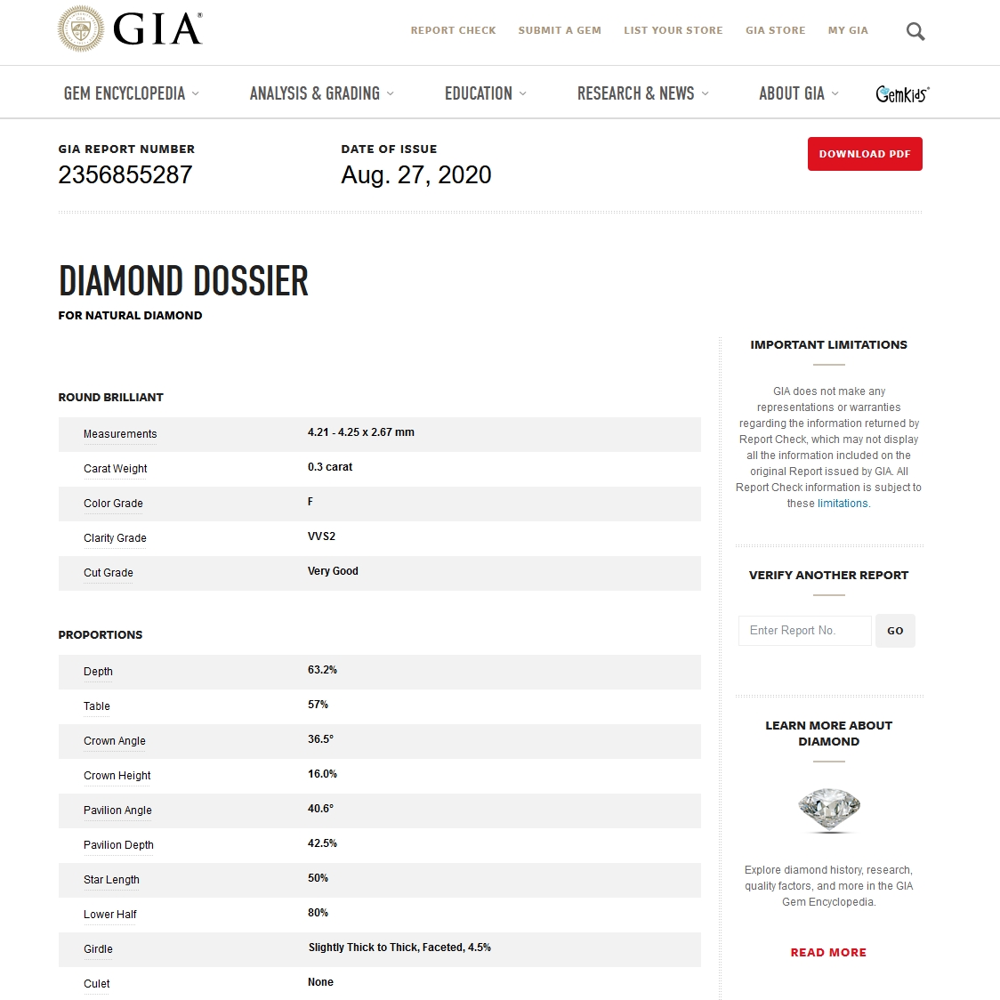 Diamante Naturale Certificato GIA Kt. 0,30 Colore F Purezza VVS2
