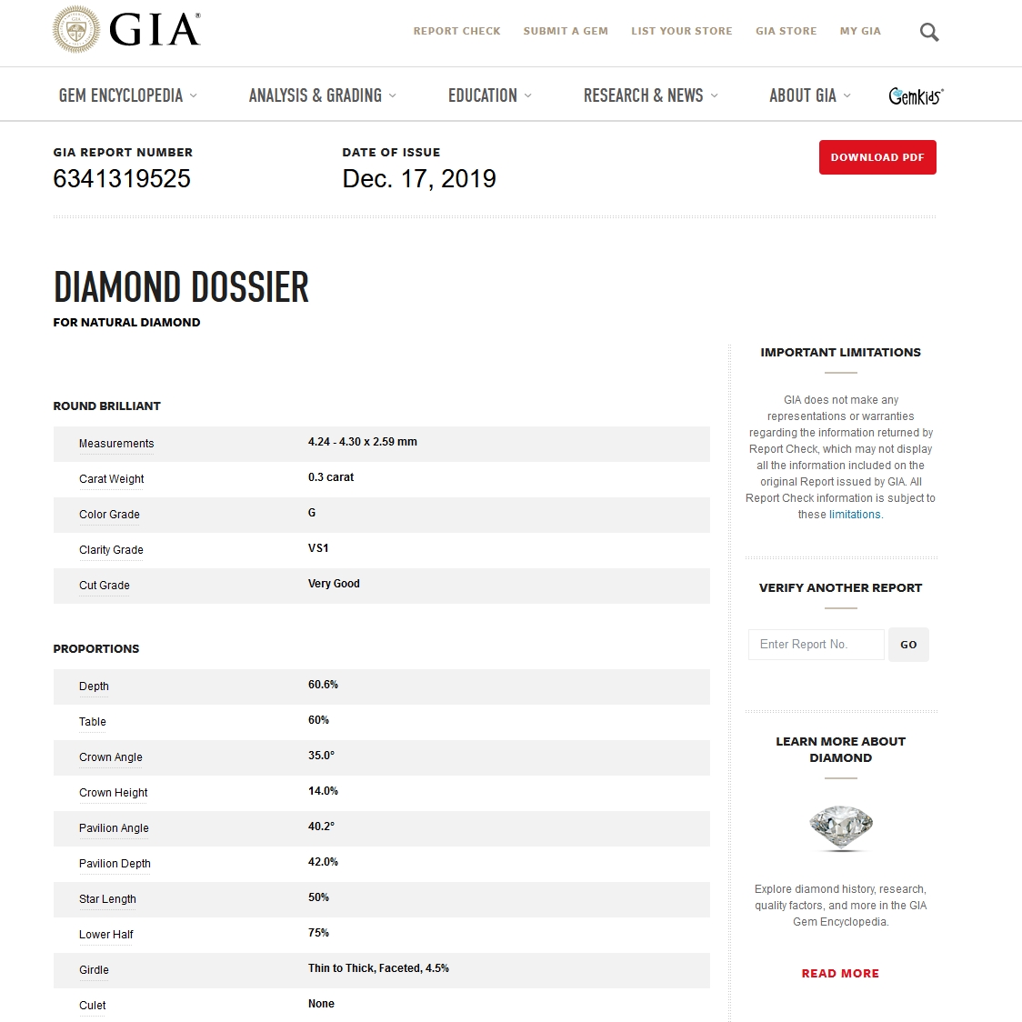 GIA Certified Natural Diamond Kt. 0,30 Color G Clarity VS1