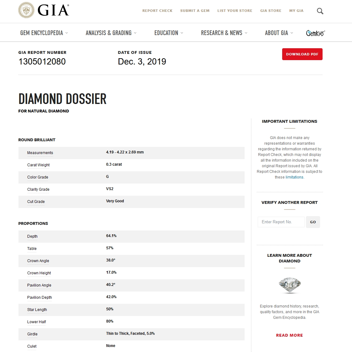 GIA Certified Natural Diamond Kt. 0,30 Color G Clarity VS2