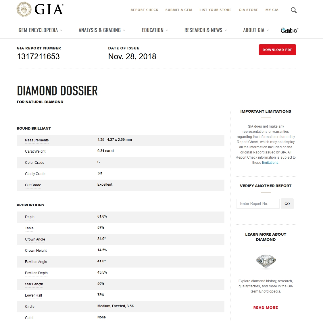 GIA Certified Natural Diamond Kt. 0,31 Color G Clarity SI1