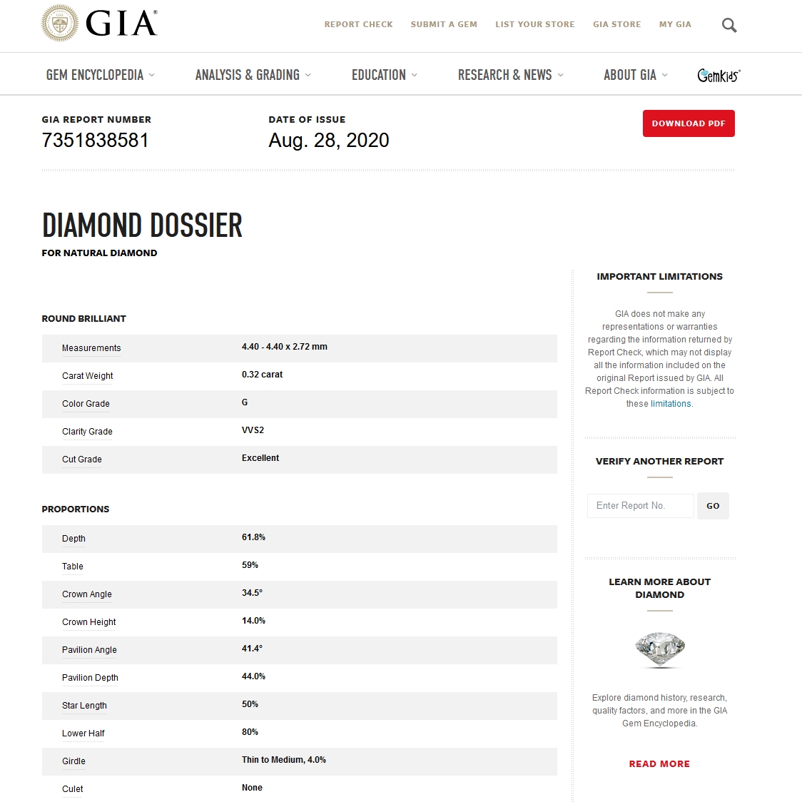Diamante Naturale Certificato GIA Kt. 0,32 Colore G Purezza VVS2