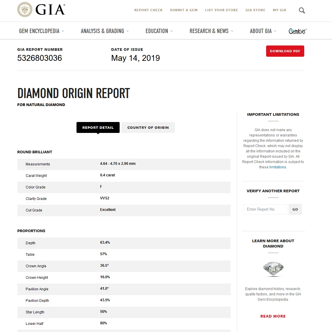 Diamante Naturale Certificato GIA Kt. 0,40 Colore F Purezza VVS2