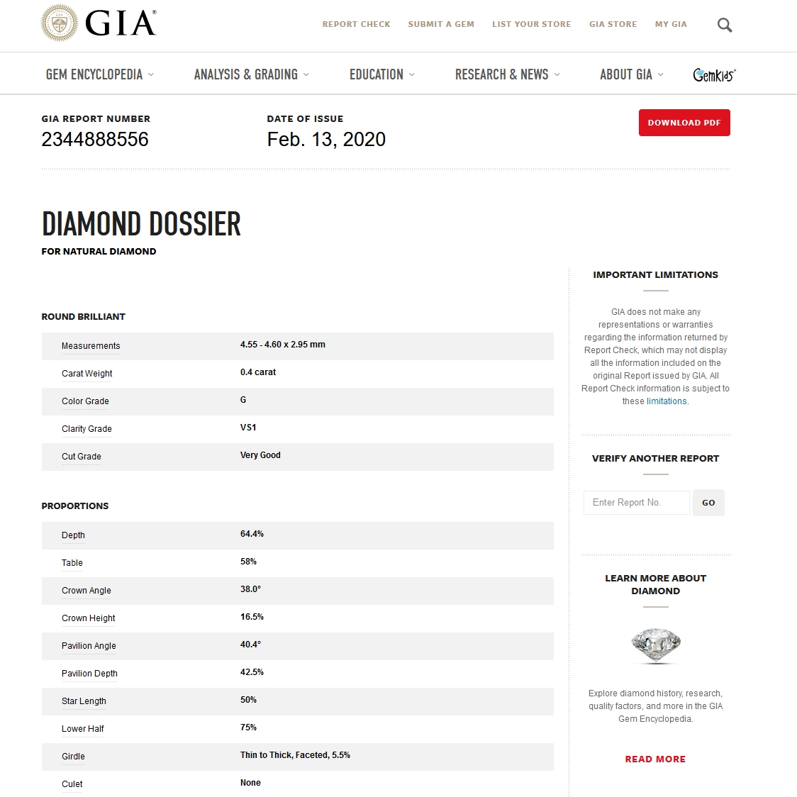 GIA Certified Natural Diamond Kt. 0,40 Color G Clarity VS1