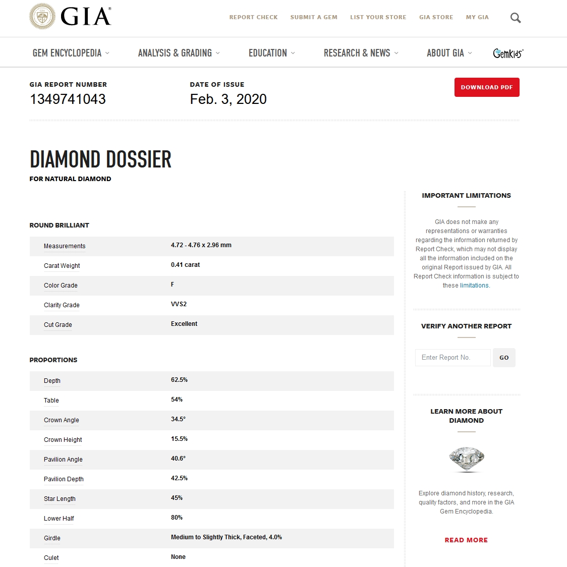 Diamante Naturale Certificato GIA Kt. 0,41 Colore F Purezza VVS2