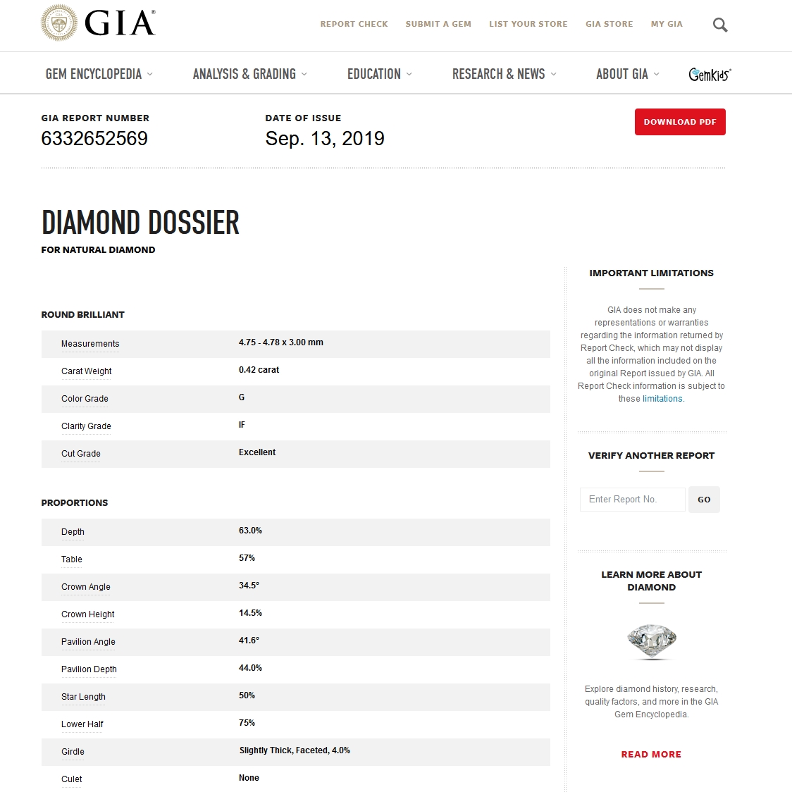 Diamante Naturale Certificato GIA Kt. 0,42 Colore G Purezza IF