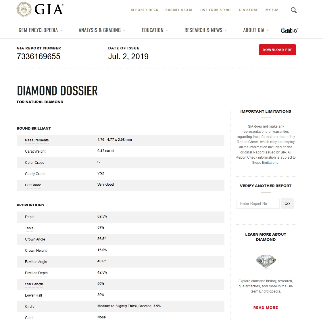 GIA Certified Natural Diamond Kt. 0,42 Color G Clarity VS2