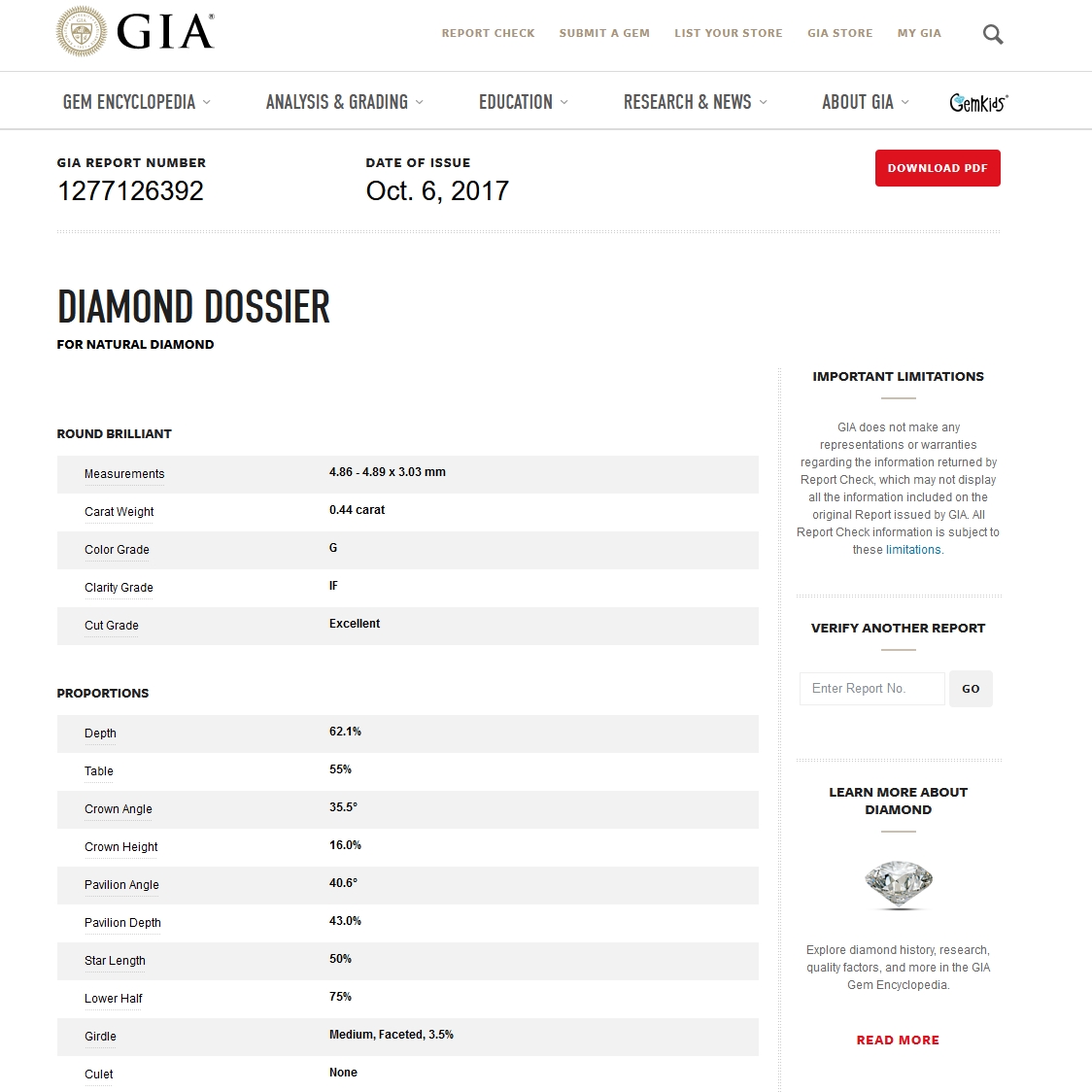GIA Certified Natural Diamond Kt. 0,44 Color G Clarity IF