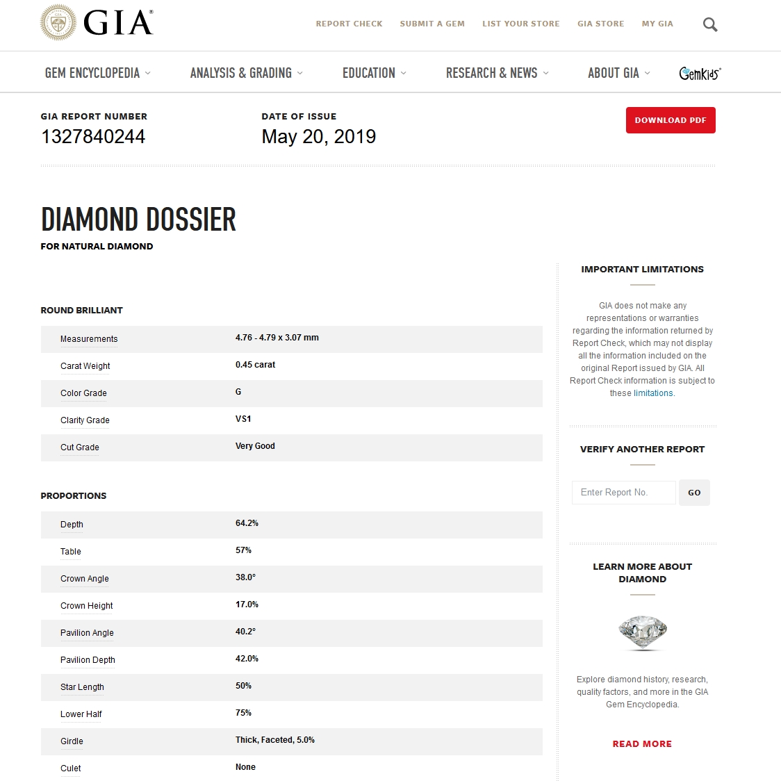 Diamante Naturale Certificato GIA Kt. 0,45 Colore G Purezza VS1