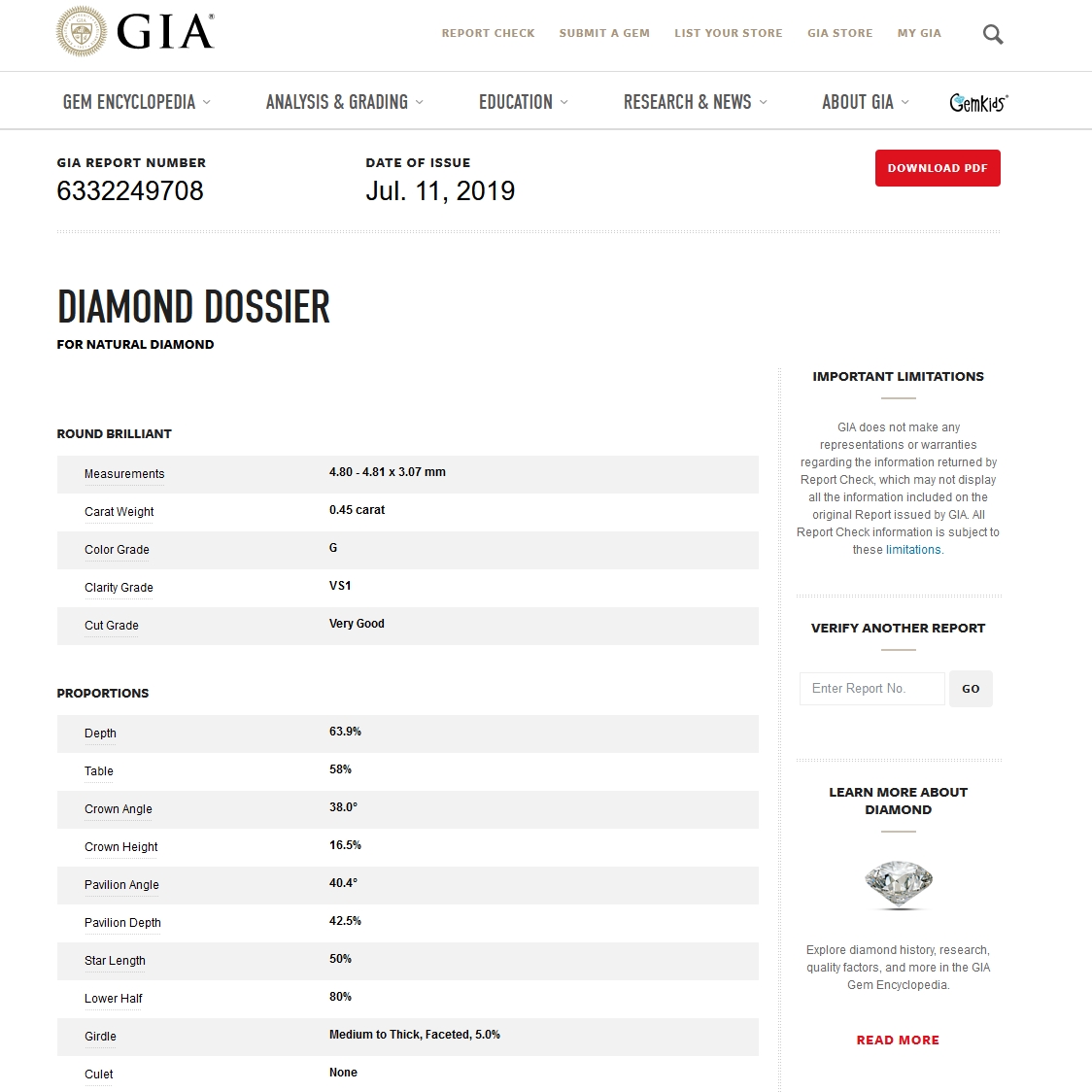 Diamante Naturale Certificato GIA Kt. 0,45 Colore G Purezza VS1