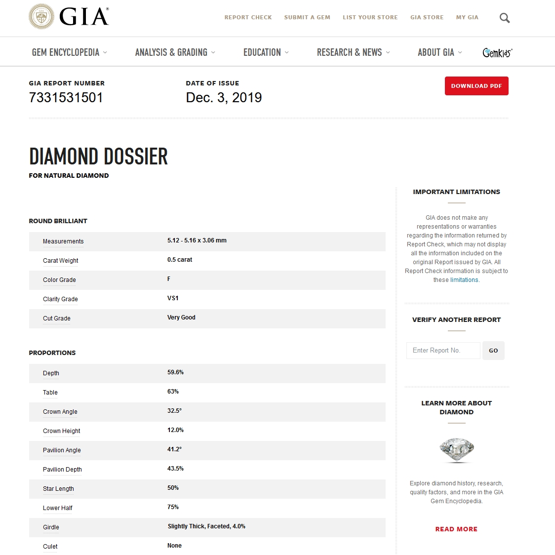 GIA Certified Natural Diamond Kt. 0,50 Color F Clarity VS1