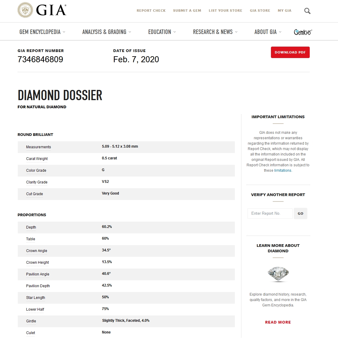 Diamante Naturale Certificato GIA Kt. 0,50 Colore G Purezza VS2