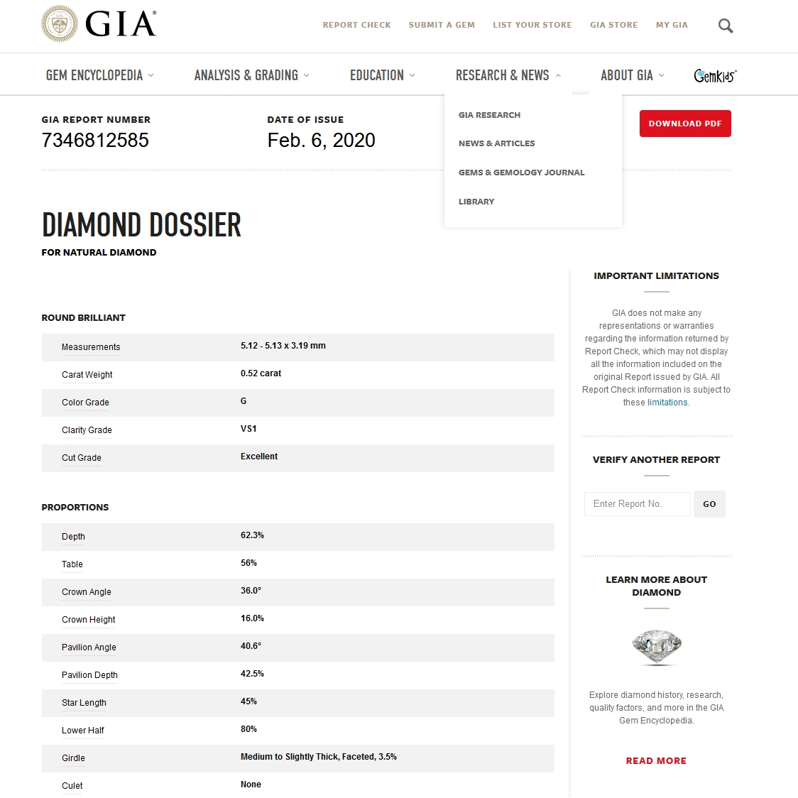 GIA Certified Natural Diamond Kt. 0,52 Color G Clarity VS1