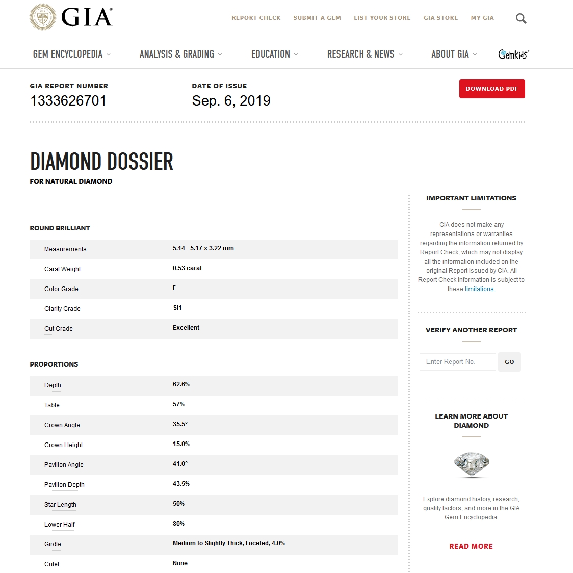 GIA Certified Natural Diamond Kt. 0,53 Color F Clarity SI1