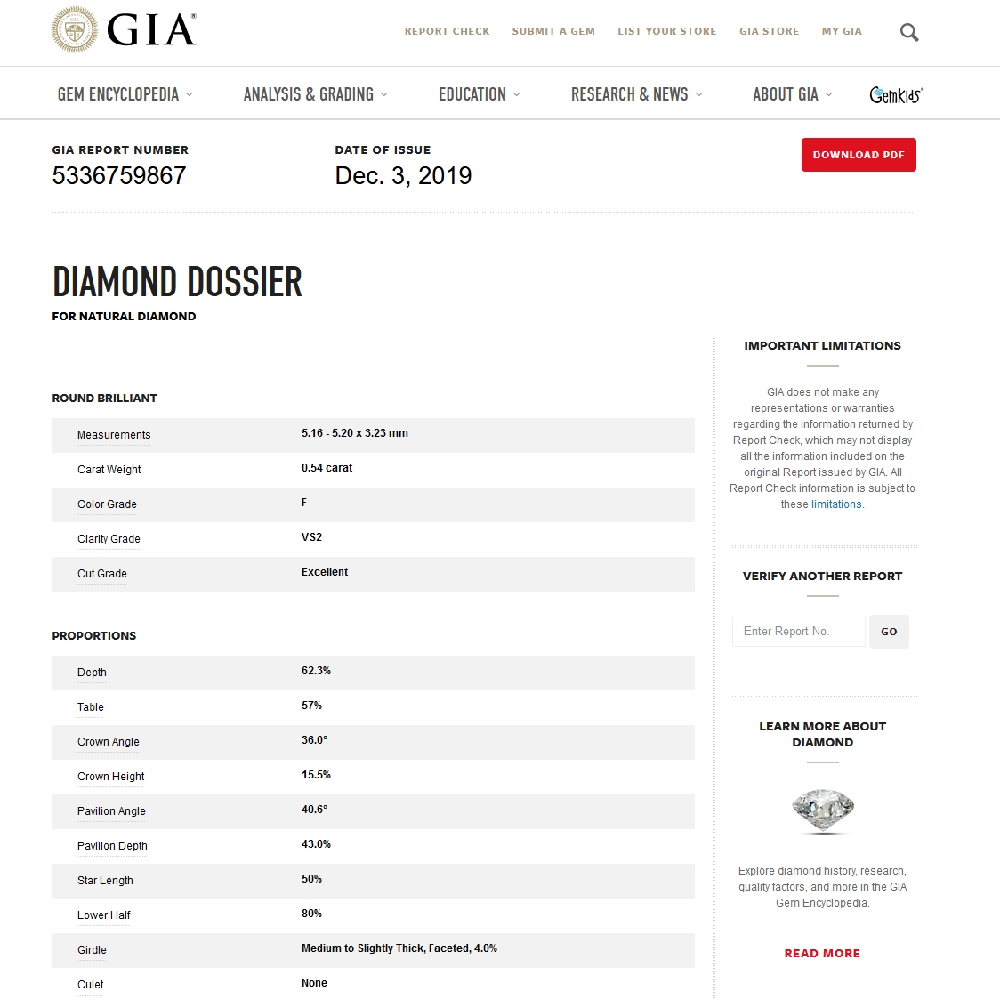 GIA Certified Natural Diamond Kt. 0,54 Color F Clarity VS2