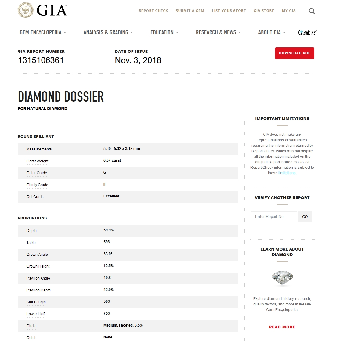 GIA Certified Natural Diamond Kt. 0,54 Color G Clarity IF