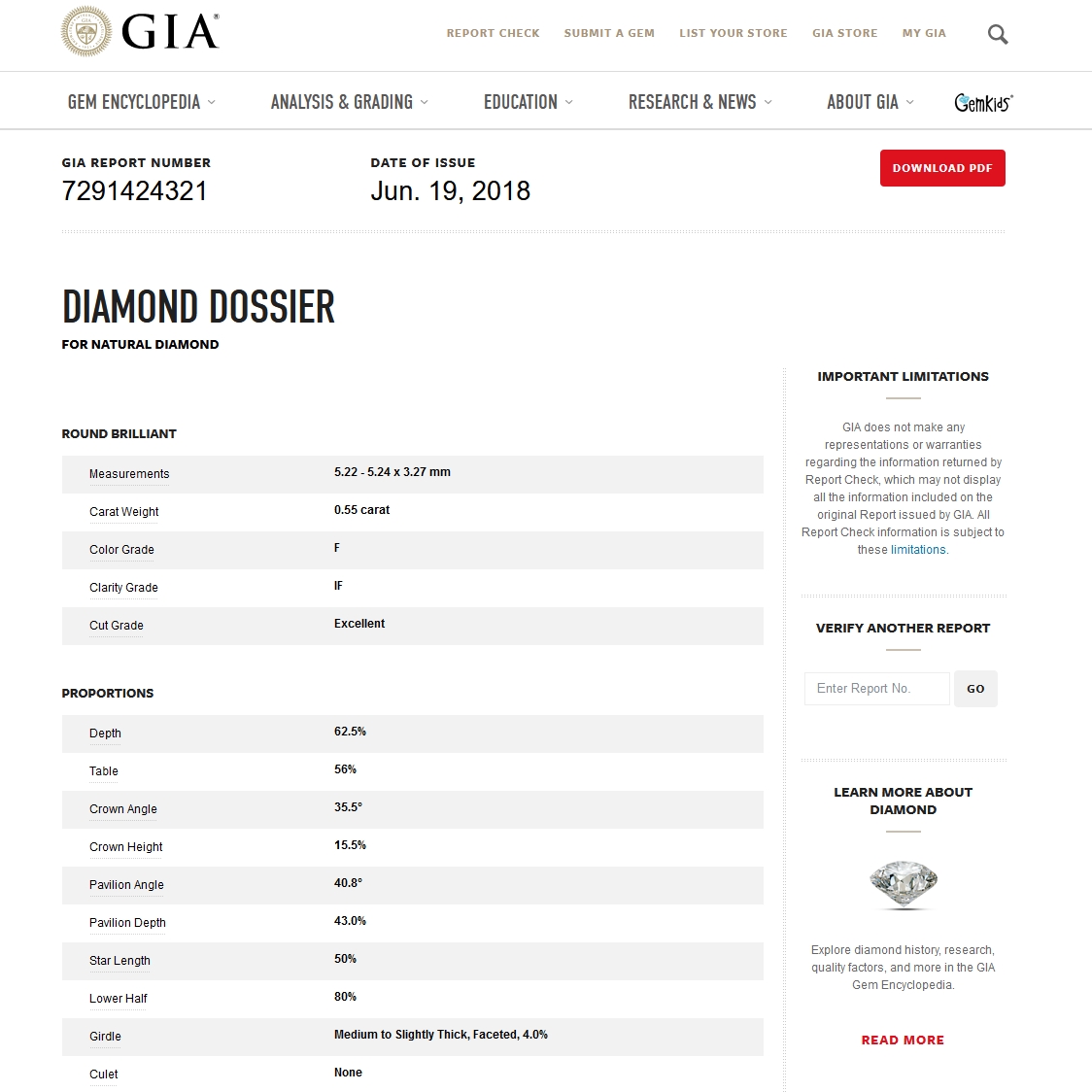 GIA Certified Natural Diamond Kt. 0,55 Color F Clarity IF