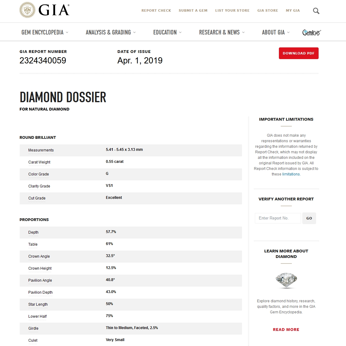 Diamante Naturale Certificato GIA Kt. 0,55 Colore G Purezza VS1