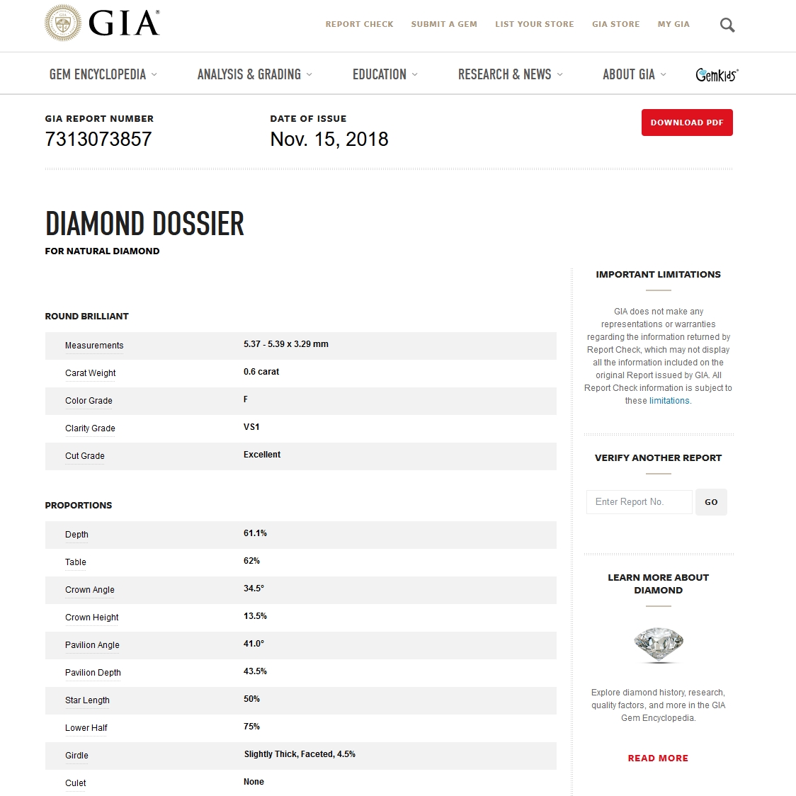Diamante Naturale Certificato GIA Kt. 0,60 Colore F Purezza VS1